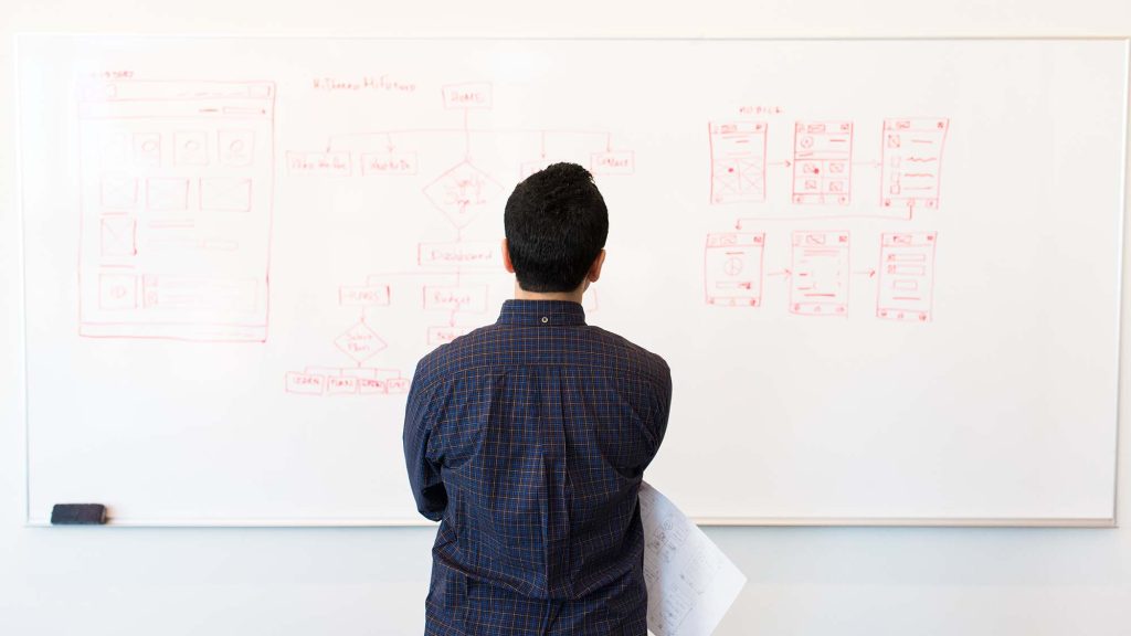 a man standing in front of a whiteboard with diagrams on it.